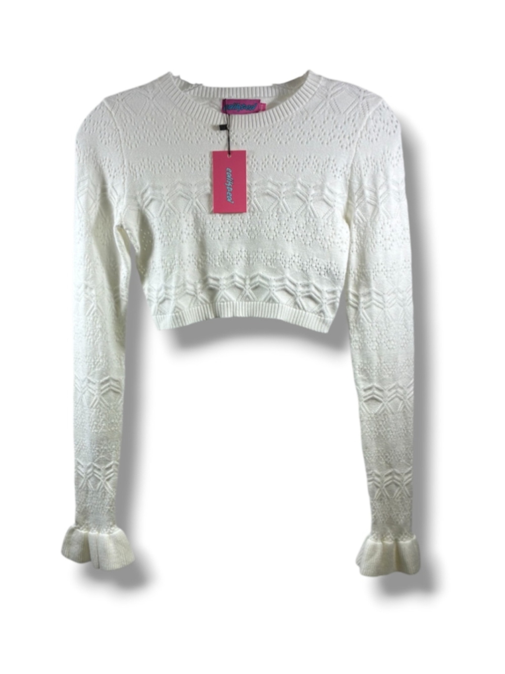 Edikted Knit Long Sleeve Ruffle Cuff Crop Top in White Size XS/S